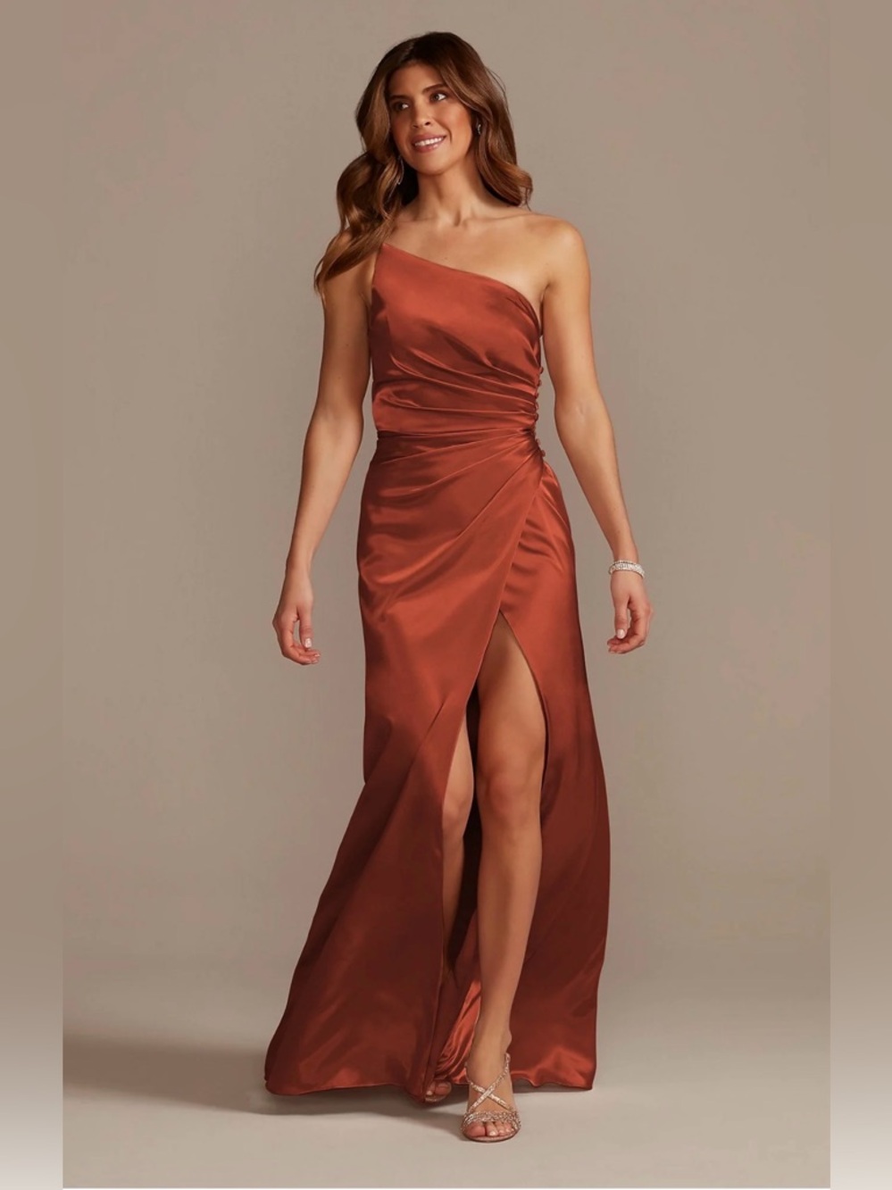Galina Signature Burnt Orange Satin One Shoulder Gown Formal Dress Size 4